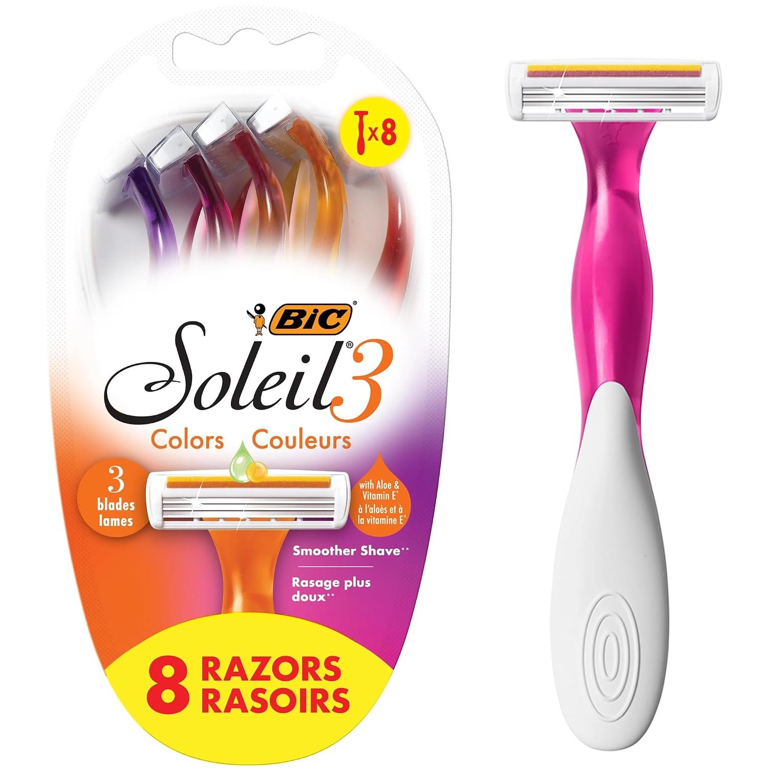 BIC Soleil 3 Colors Womens Disposable 3-Blade Razors, 8-Pack, Smooth