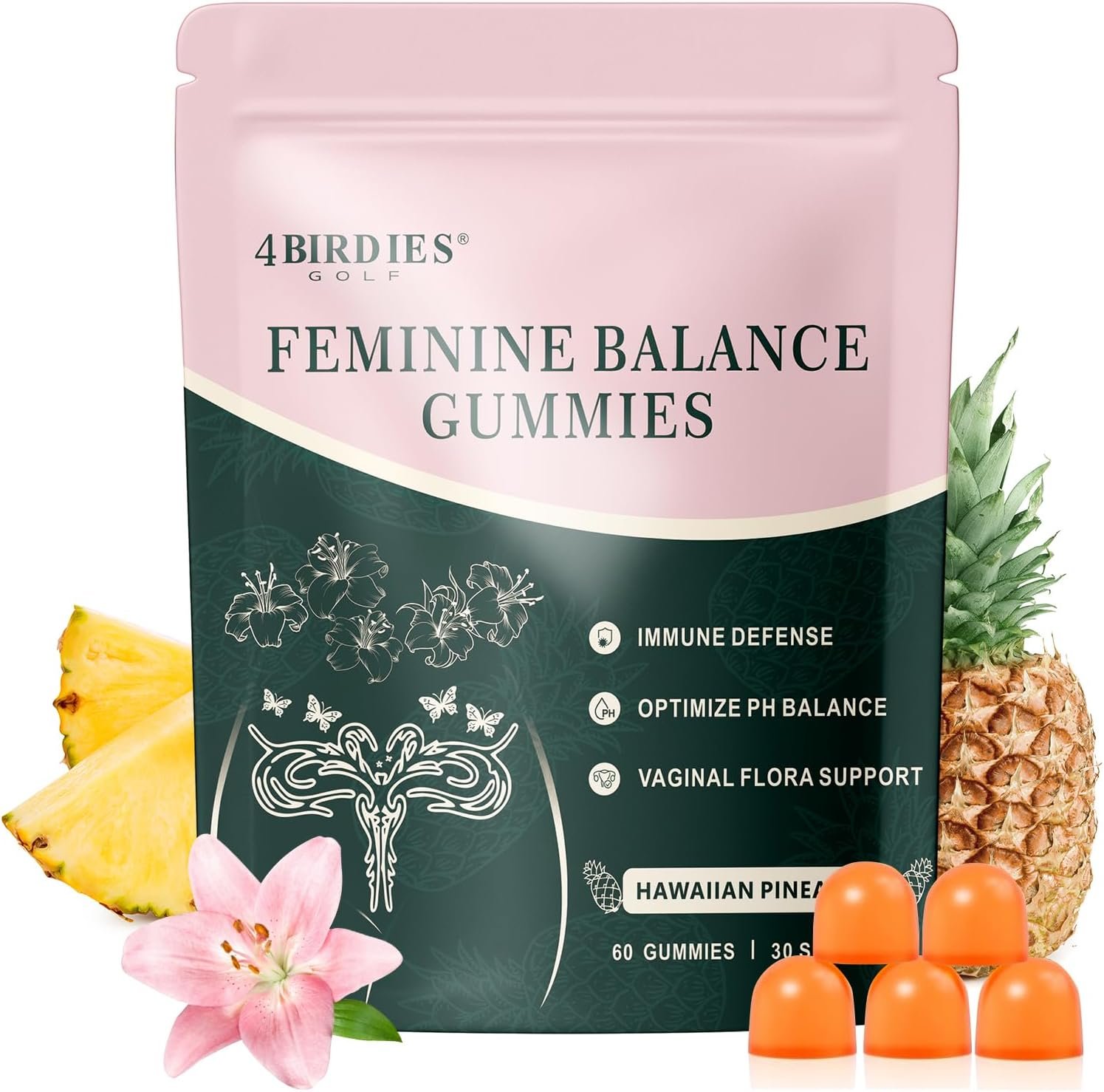 Premium Feminine Balance Gummies for Women’s Health, Hawaiian Pineapple Gummies for Women Vaginal Probiotic & pH Balance Support – Vegan – Healthy Odor – Gluten-Free – 60 Count