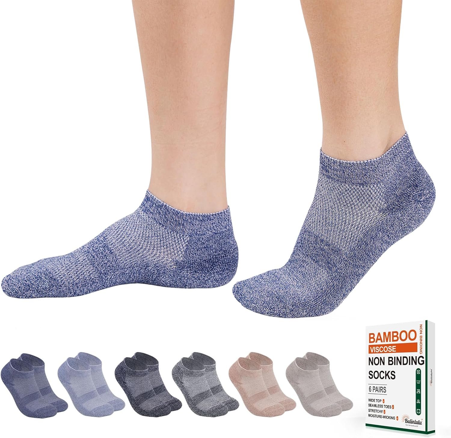 Bulinlulu Diabetic Socks for Women Men Size 9-11, 6 Pairs Low Cut Non Binding Diabetic Socks for Women