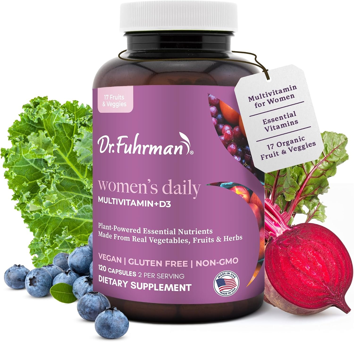 Dr. Fuhrman Women’s Daily Multivitamin +D3, Vegan Whole Food, 120 Capsules